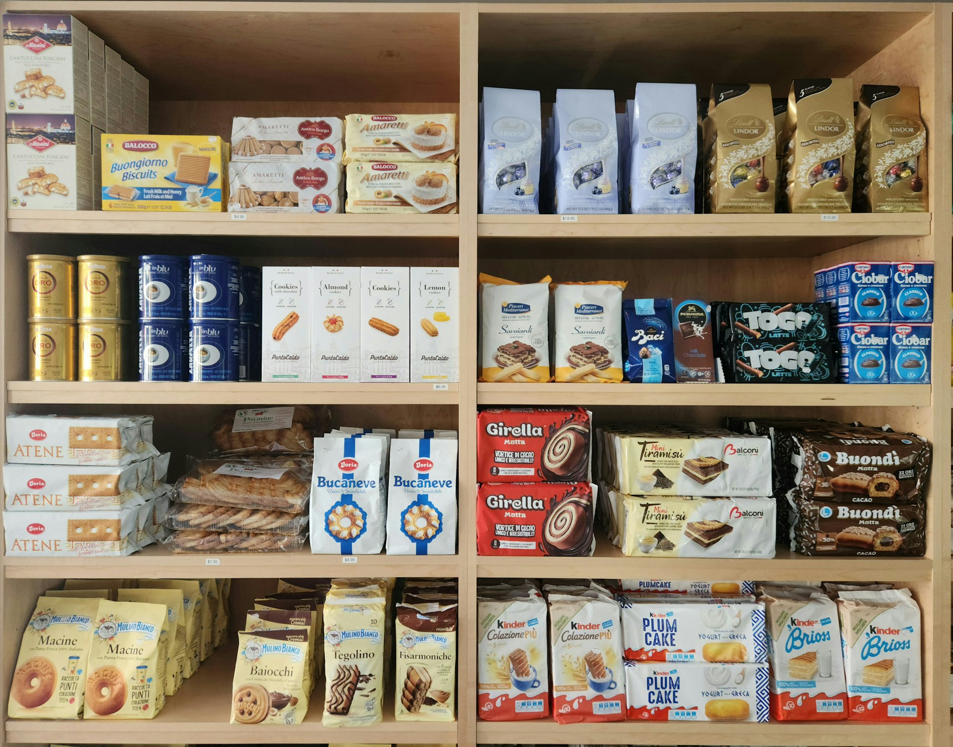 A wooden shelf filled with lots of food